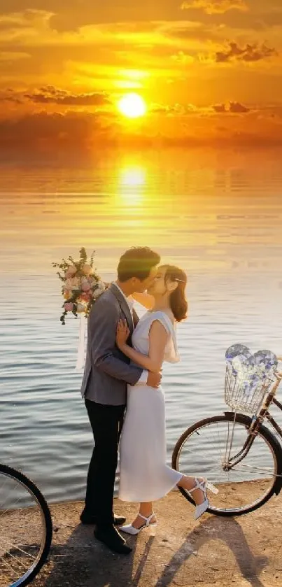 Romantic couple at sunset by the lakeside with bicycles.