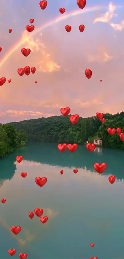 Scenic lake with rainbow and hearts in the sky.