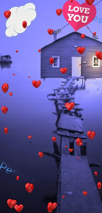 Romantic blue lakeside wallpaper with red hearts and love messages.