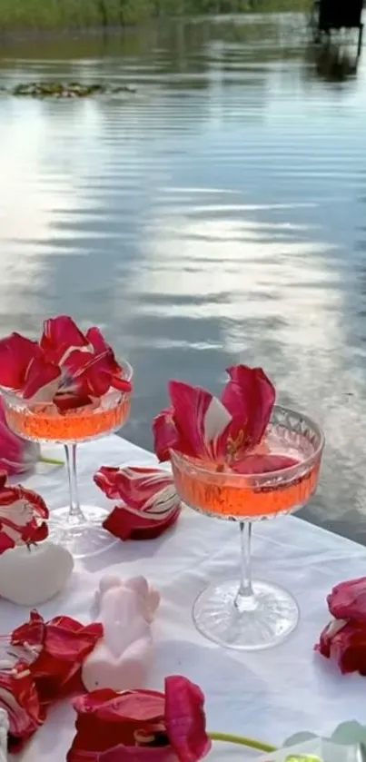 Lakeside picnic with red flowers and glassware at sunset.