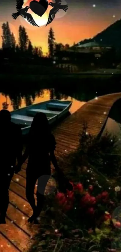 Romantic silhouette couple by lakeside at sunset, warm hues.