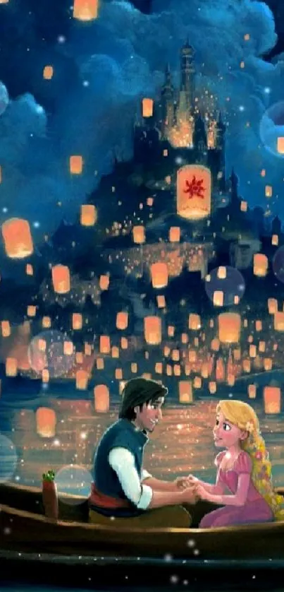 Romantic couple on boat under lantern sky.