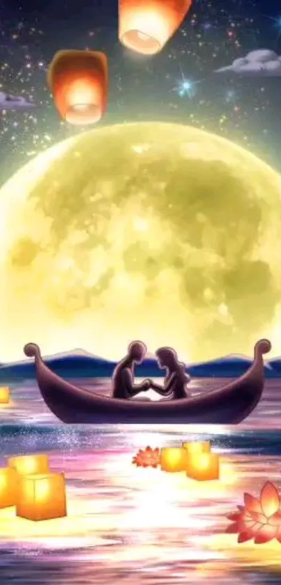 Couple in a boat under a full moon with floating lanterns.