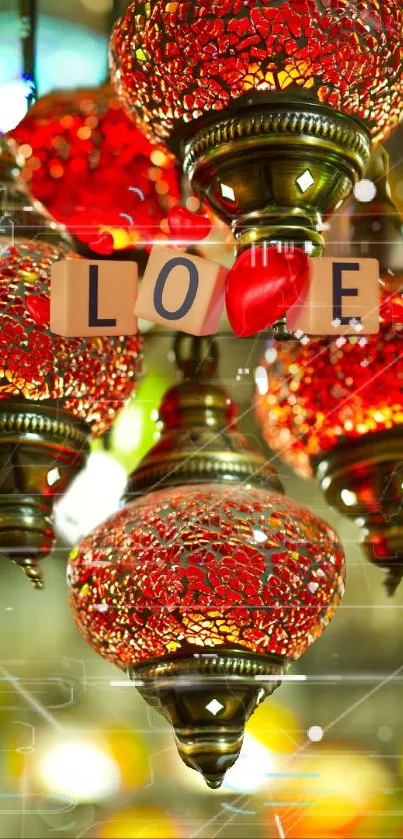 Red mosaic lanterns with 'LOVE' tiles glowing warmly.