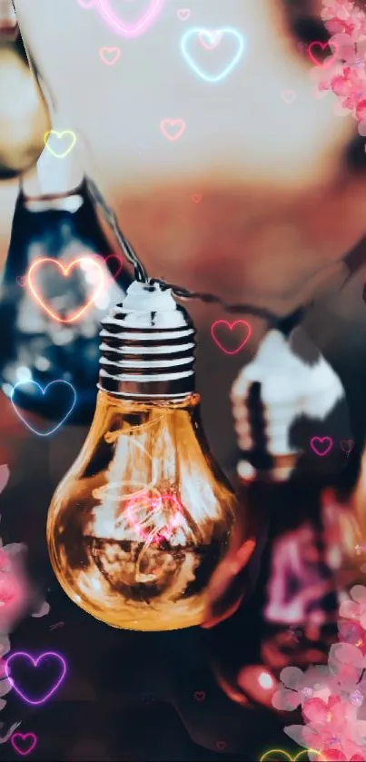 Romantic mobile wallpaper with glowing bulbs and heart overlays.