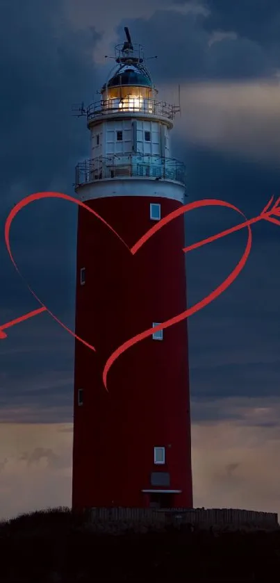 Lighthouse with heart and arrow on a dark, cloudy night background.