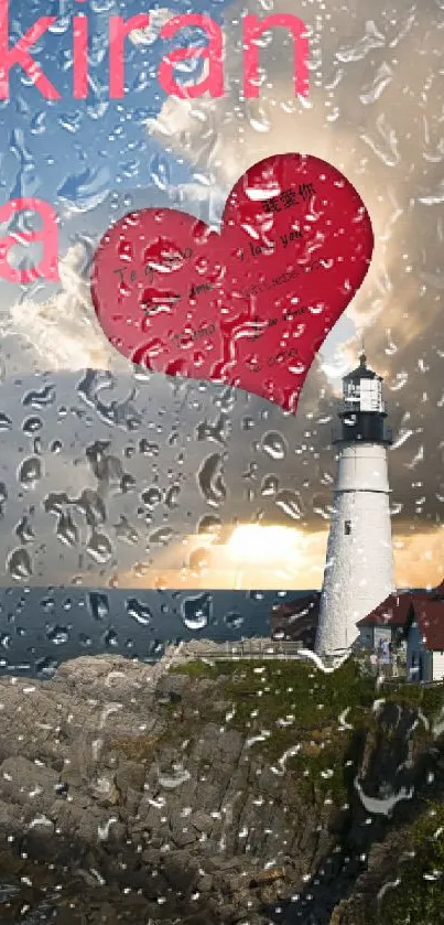 Romantic lighthouse wallpaper with heart and sunset sky.