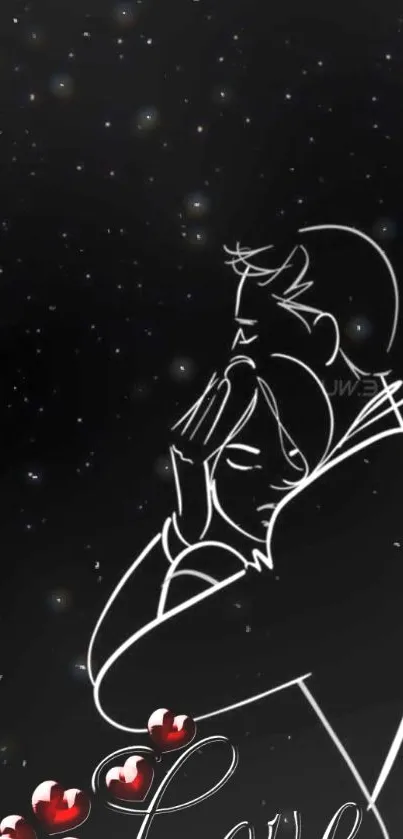 Minimalist line art of embracing couple under a starry night sky on wallpaper.