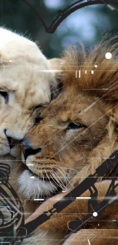 Romantic lion couple with heart outline on wallpaper.