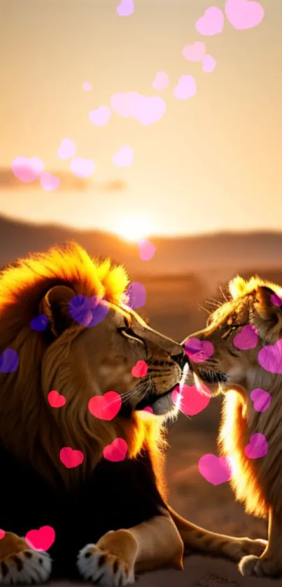 Romantic lion couple under a sunset with heart overlays, perfect mobile wallpaper.