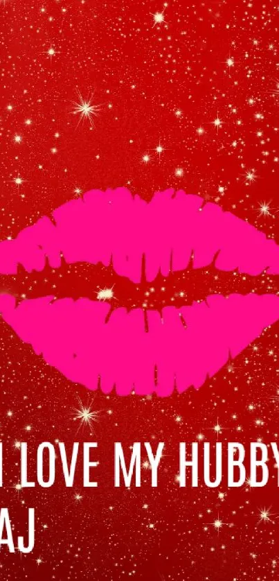 Romantic wallpaper with pink lips on sparkling red background.