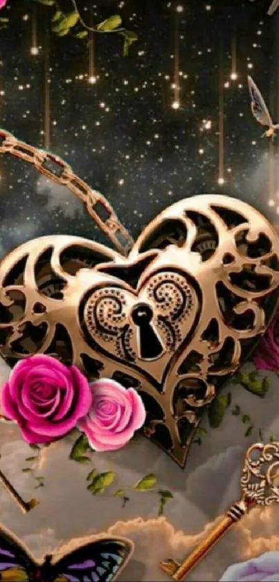 Heart-shaped lock with roses and celestial sky in wallpaper.