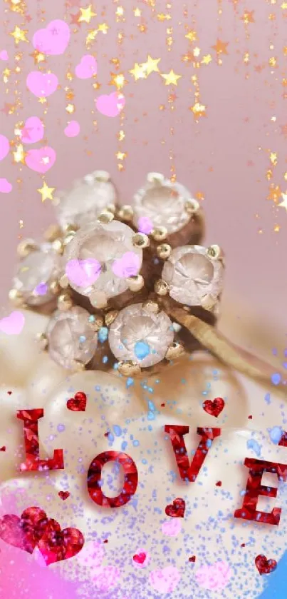 Romantic pink wallpaper with diamond ring and love text.