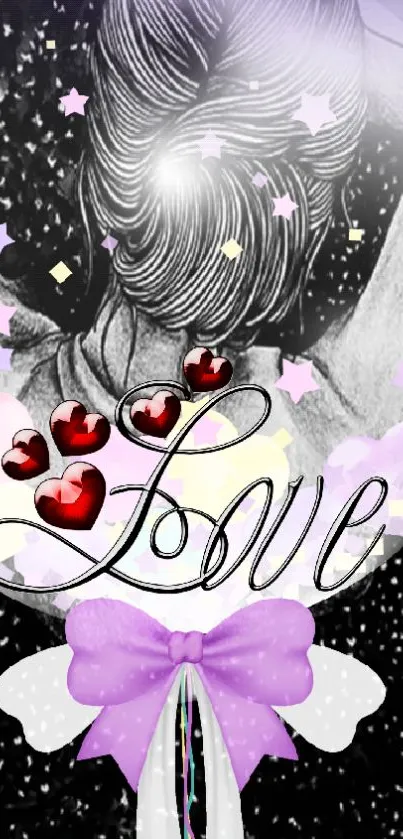 Romantic sketch with love text and purple bow on mobile wallpaper.