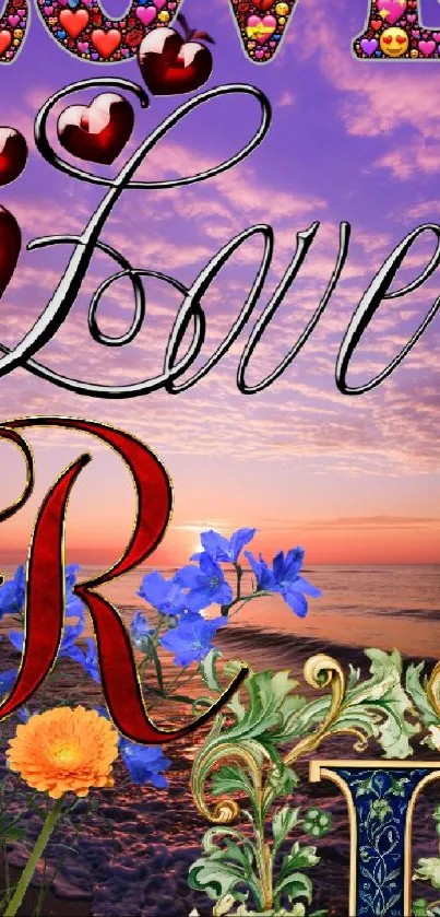 Romantic love-themed wallpaper with beach sunset and floral hearts.