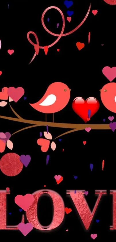 Romantic wallpaper with red birds and hearts on a black background.