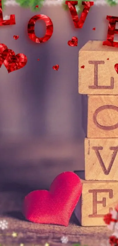 Romantic wallpaper with love blocks and red heart design.