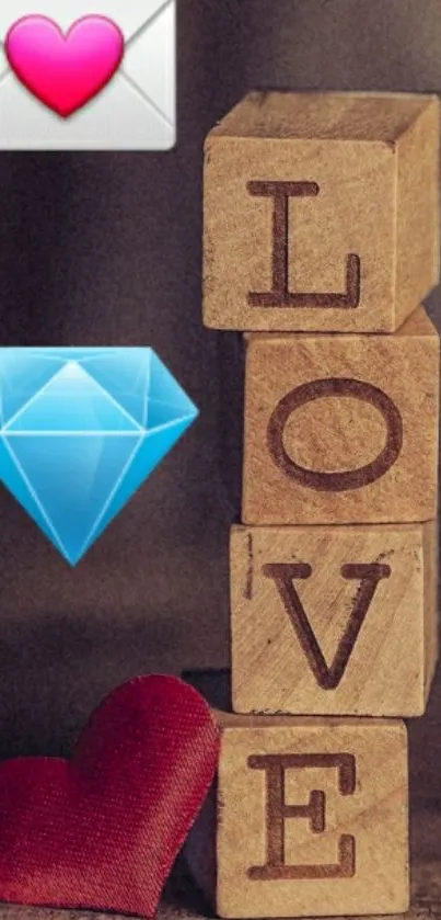 Romantic wallpaper with LOVE blocks and heart icon.