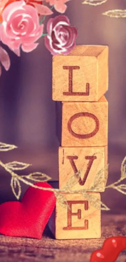 Love-themed wallpaper with wooden blocks, red heart, and pink roses.