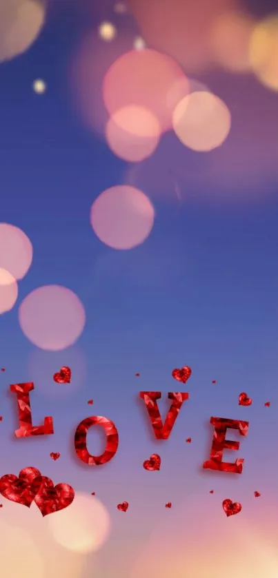 Romantic mobile wallpaper with bokeh lights and love text.