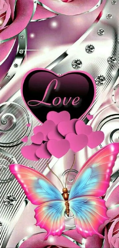 Romantic mobile wallpaper with butterfly and pink roses.