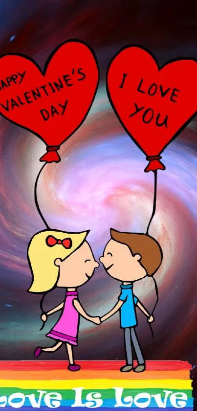 Cartoon couple with heart balloons on cosmic background.