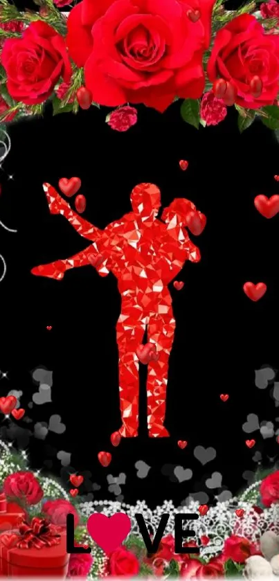 Romantic couple with red roses and hearts wallpaper.