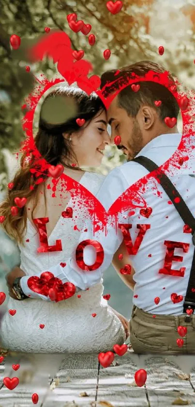 Romantic couple with red heart design in nature setting.