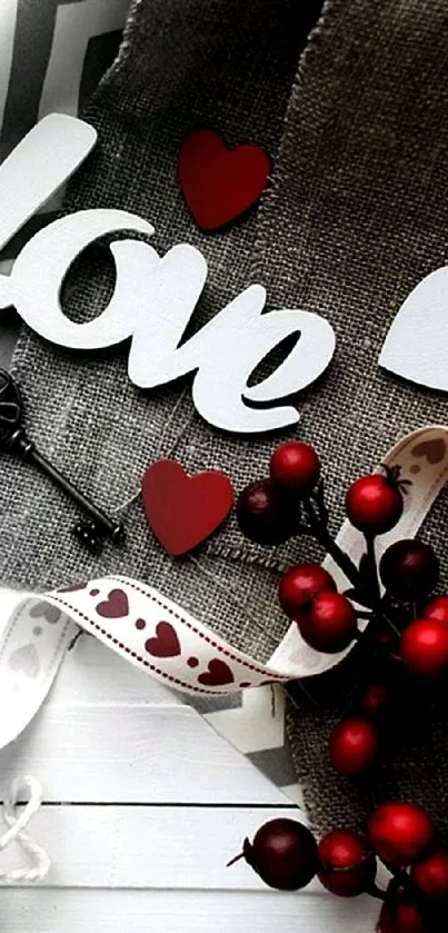Romantic love decor wallpaper with hearts and keys.