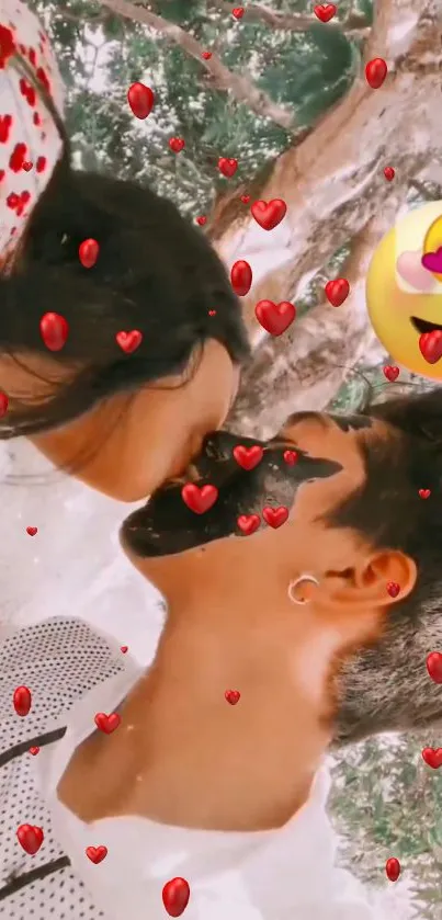 Romantic couple kissing with heart emojis and love emoticons.