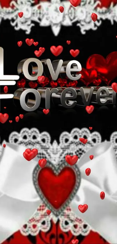 Romantic wallpaper with hearts, lace, and 'Love Forever' text.