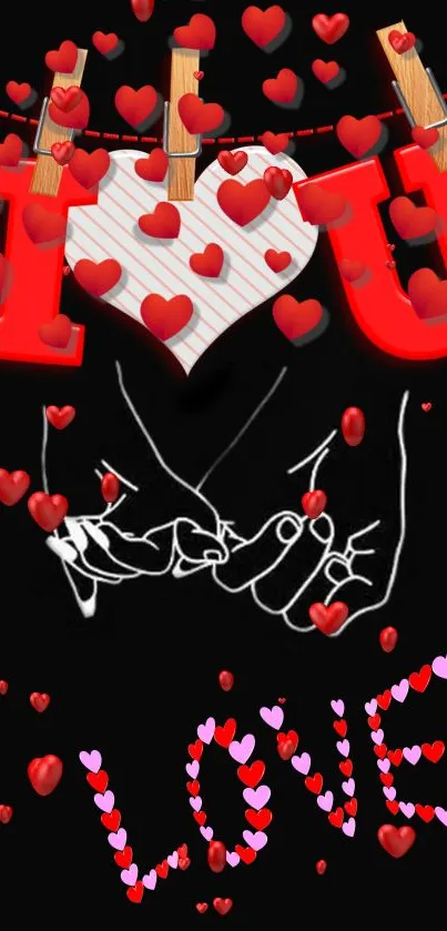 Romantic love wallpaper with red hearts and hand holding design.