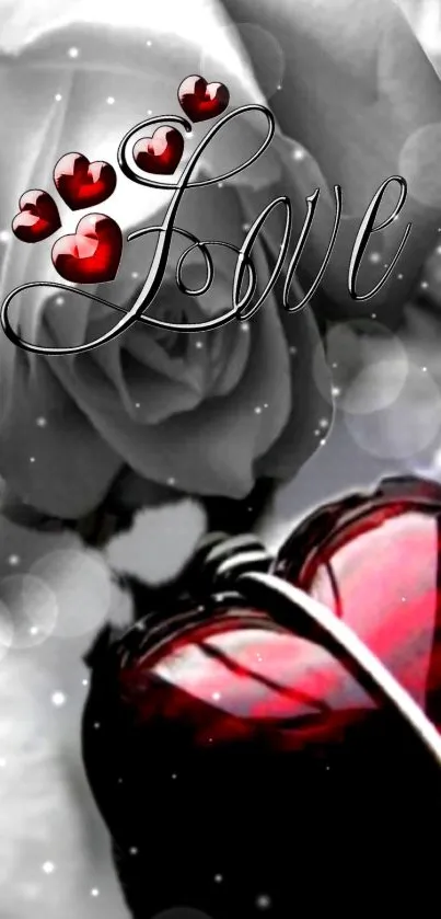 Romantic wallpaper featuring red hearts and a rose with the word 'Love'.