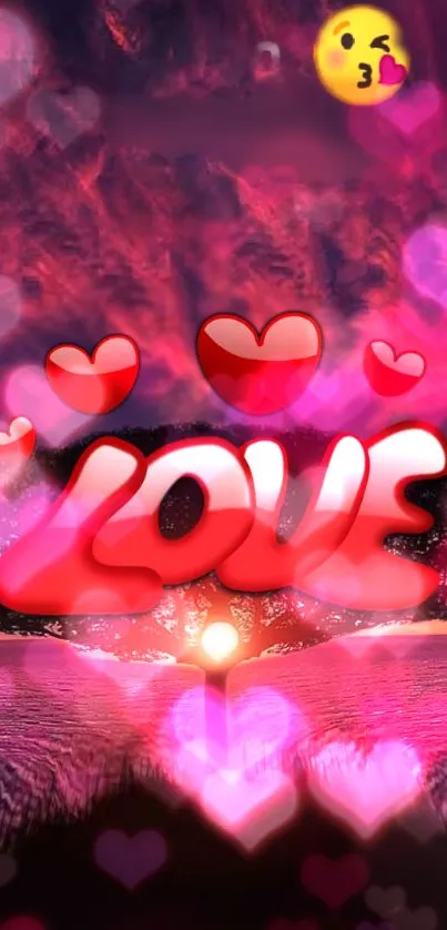 Romantic love wallpaper with vibrant pink and red hearts and the word 'LOVE'.