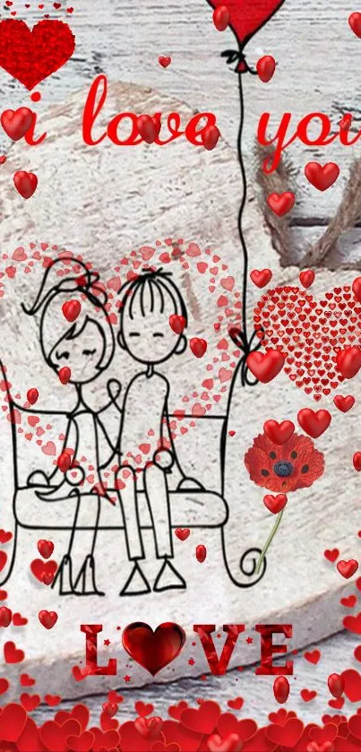 Romantic couple surrounded by red hearts on a love-themed mobile wallpaper.