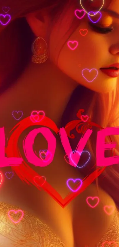 Romantic wallpaper with glowing hearts and the word 'LOVE' in vibrant reds.