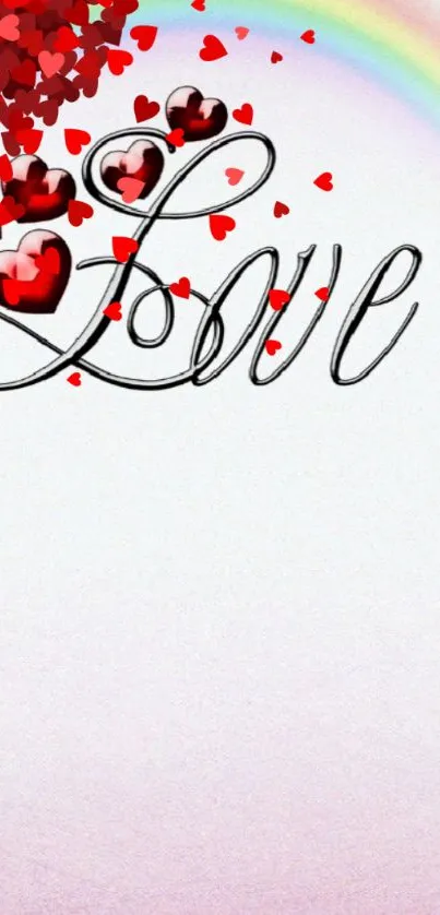 Romantic wallpaper with love script, red hearts, and rainbow.