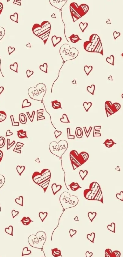 Romantic wallpaper with red hearts and love text on a beige background.