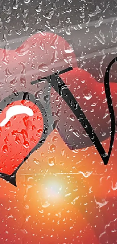 Romantic red heart wallpaper with raindrops and love lettering.