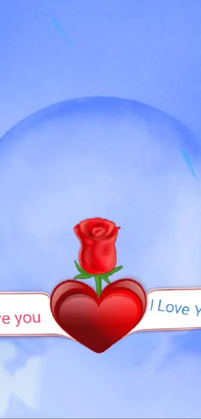 Romantic wallpaper with red heart and rose on blue background.