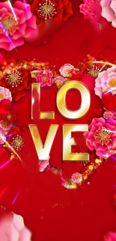 Romantic red heart wallpaper with pink flowers and golden love text.