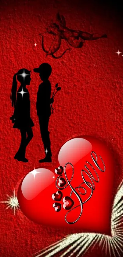 Romantic red heart love wallpaper with silhouette couple.