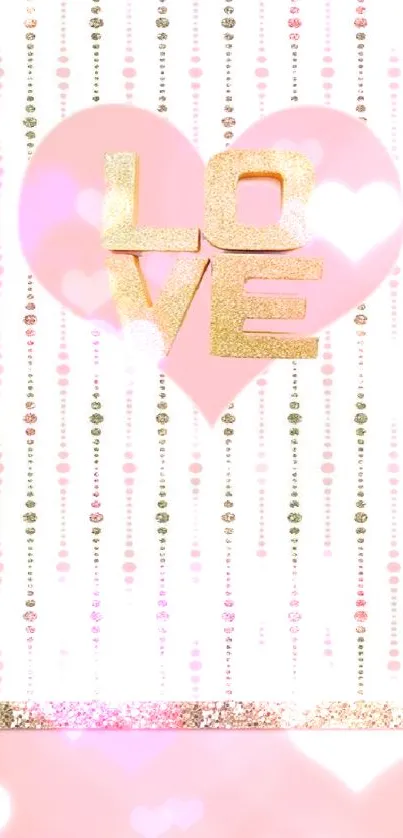 Elegant wallpaper with pink heart and gold love text.