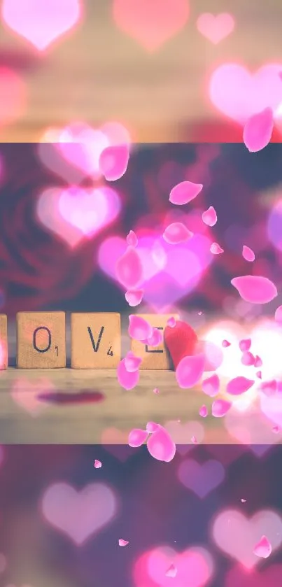 Romantic wallpaper with pink hearts and Scrabble tiles spelling LOVE.