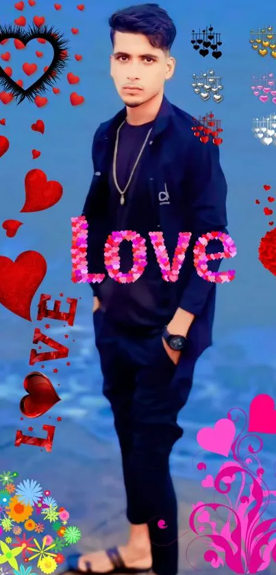 Young man with hearts and love backdrop.