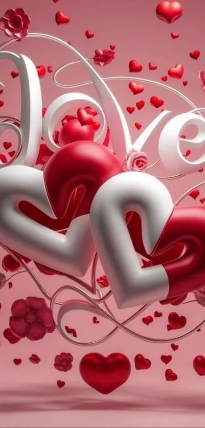 3D heart design with love text and flowers in pink.