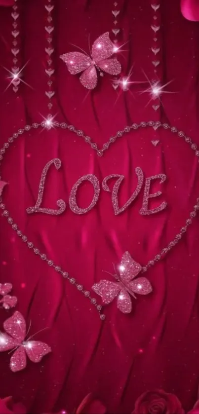Sparkling love heart with butterflies in pink background.