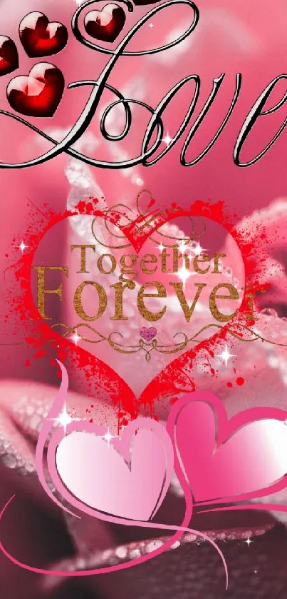 Romantic love hearts with pink rose background.