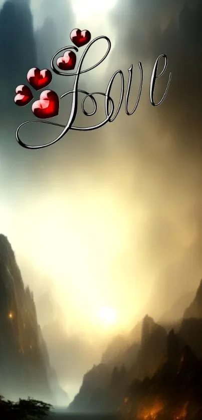 Romantic scene with red hearts and love text over misty mountains.