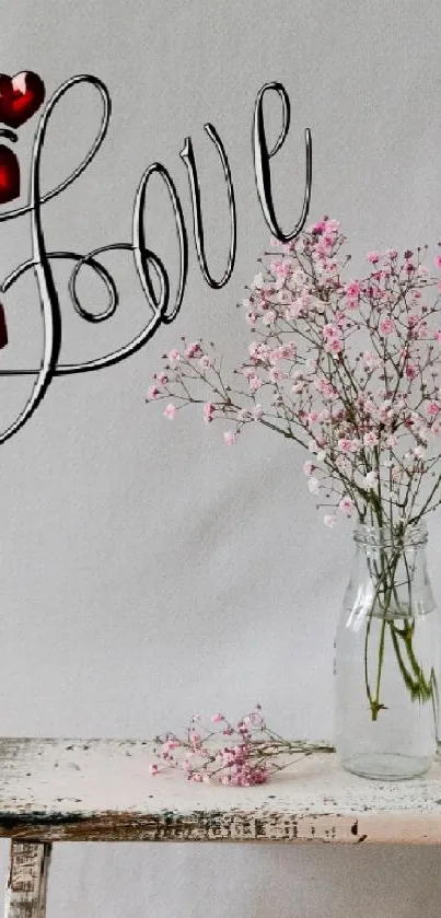 Romantic wallpaper with red love hearts and flowers on a wooden table.